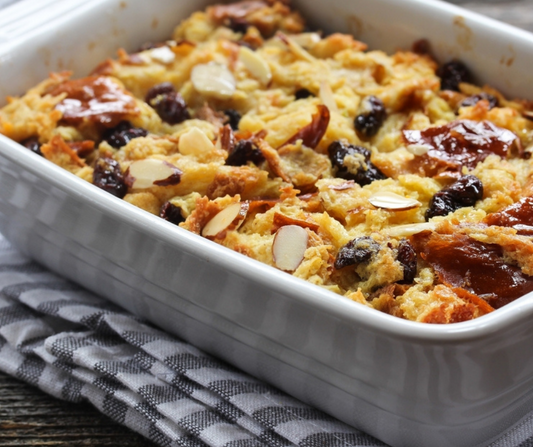 Orange, Almond & Cranberry Bread Pudding with Spiced Orange Sauce